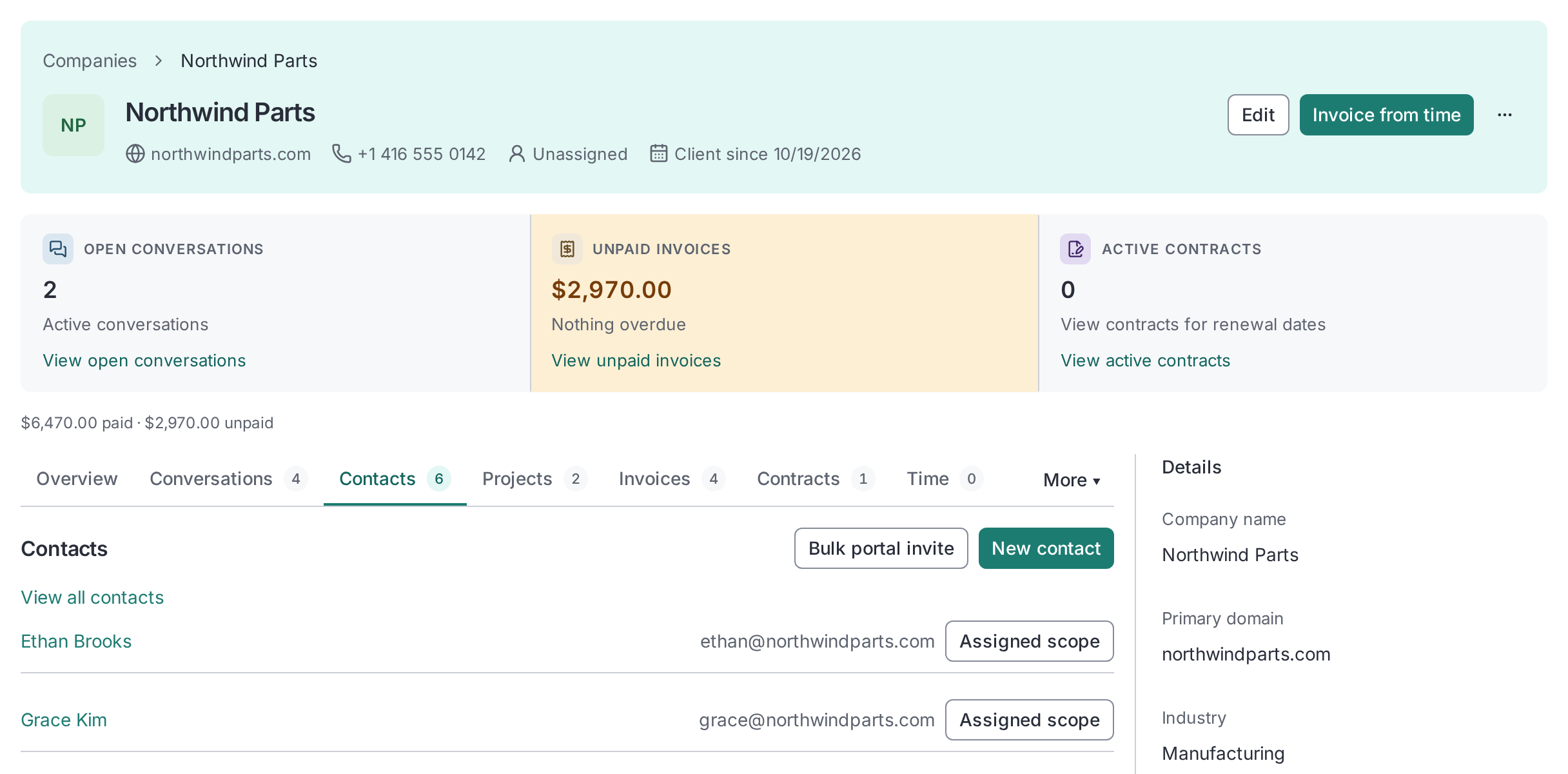 Company detail with contacts, related records, and properties