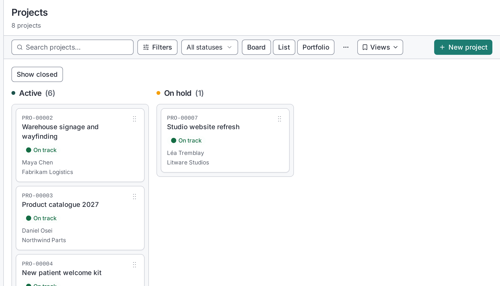 Projects board grouped by status with owners, clients, and dates